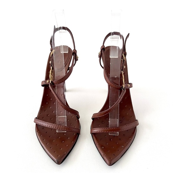 GUCCI | GG Logo Brown Leather Strappy Heels Sandals Size 7.5 - Picture 7 of 16